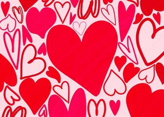 Romantic wallpaper pattern design of red hearts against pink background. Postcard and banner website for Valentine's Day, wedding and romantic details.