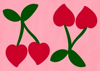 Sweet Valentine's Day background with a pair of red cherries with heart shapes. Postcard and banner website for Valentine's Day, wedding and romantic details. 