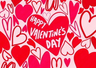 Romantic wallpaper pattern design of red hearts against pink background with Happy Valentine's Day lettering. Postcard and banner website for Valentine's Day, wedding and romantic details.