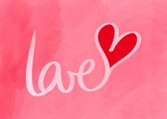 Pink dusty wallpaper with Love lettering and red heart. Postcard and banner website for Valentine's Day, wedding and romantic details.