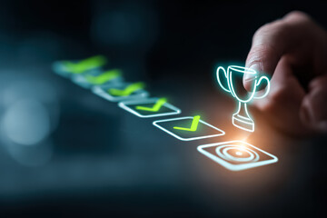 A hand interacts with a digital checklist, marking tasks as complete, while a trophy icon symbolizes achievement and success.