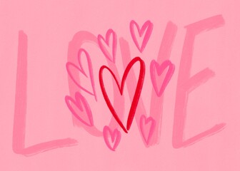 LOVE lettering and heart shapes against pink background for Valentine's Day concept. Postcard and banner website for Valentine's Day, wedding and romantic details.