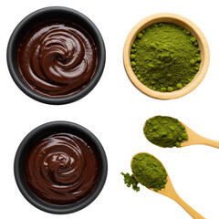 Flat lay close-up of burgundy henna paste in black matte ceramic bowl, emerald henna powder in rustic wooden bowl with spoon, on transparent background, natural beauty concept