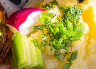 Mashed potatoes made from natural potatoes with dill and fresh vegetables