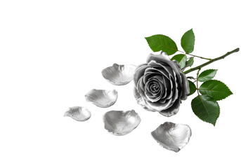 A full, open platinum rose bloom with metallic sheen, scattered petals, and vibrant green leaves on a transparent background with copy space, studio lit, sophisticated luxury concept