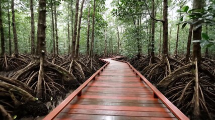 Boardwalk Through a Lush Mangrove Forest - A Nature Walk Experience.