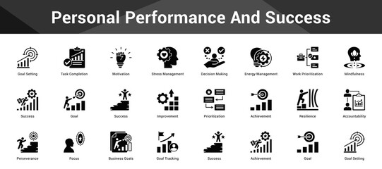 Personal Performance And Success Cohesive set of minimalist vector icons representing key ideas with visual clarity
