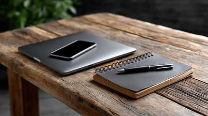 Modern wooden desk with closed laptop smartphone notebook and pen minimal workspace background for home office and freelancing