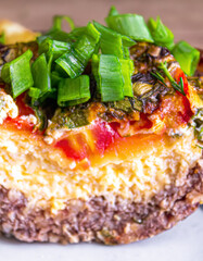 Fresh baked meat with cheese and tomatoes topped with chopped green onions
