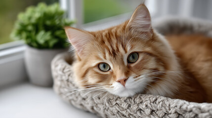 Naklejka premium Cute ginger cat lying in knitted basket on windowsill cozy home pet relaxation scene
