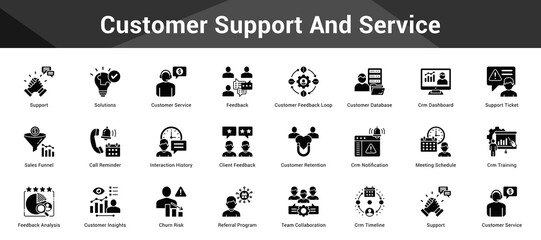 Customer Support And Service Cohesive set of minimalist vector icons representing key ideas with visual clarity
