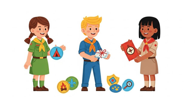 Three cartoon scouts holding badges and presents in colorful uniforms with kids