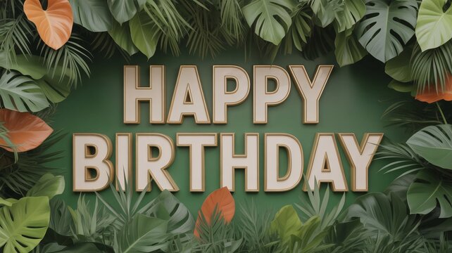 Tropical green background with exotic leaves and large beige happy birthday text for a jungle themed celebration with vibrant and lush foliage and decorative and greeting card