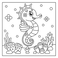 cute seahorse cartoon coloring page with beautiful coral reef background