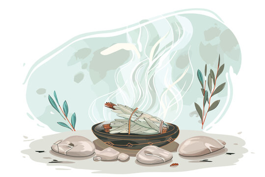Sacred smoke rituals with sage isolated illustration