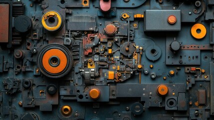 Fototapeta premium Steampunk gears, wall art, metallic texture, industrial background, design element