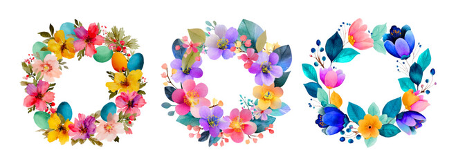 Watercolor set of round frame with spring flowers. Hand drawn illustrations with floral frames. Decorative border perfect for invitations, greeting cards and spring designs. Vector illustration.