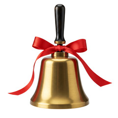 Golden school hand bell with red ribbon bow, classic festive symbol of celebration, education and achievement, clean studio composition with copy space, isolated on white background