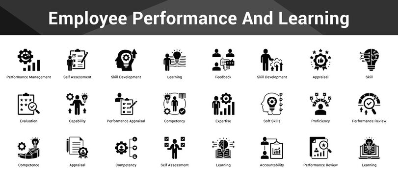 Employee Performance And Learning Cohesive set of minimalist vector icons representing key ideas with visual clarity