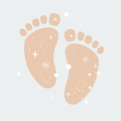 Scandinavian boho baby feet with space symbols. Baby footprints with galaxy stars imprints. Neutral beige pastel colors. Hand drawn isolated vector element for nursery decoration.