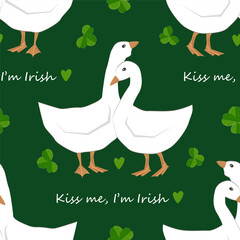 Goose couple and shamrock clover leaves seamless pattern. Kiss me, I am Irish text. Vector background for Saint Patrick Day