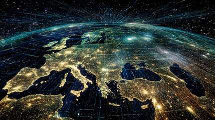 宇宙から見た地球の夜景と光の流れ