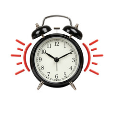 Classic black alarm clock ringing with motion lines, retro time management and wake up concept symbolizing urgency and punctuality, isolated on transparent background