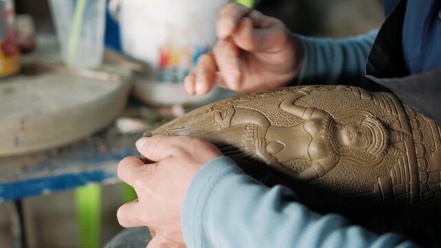 Close up of artisan hands sculpting relief on a piece of raw clay pottery. Handmade concept. Siem Reap, Cambodia.