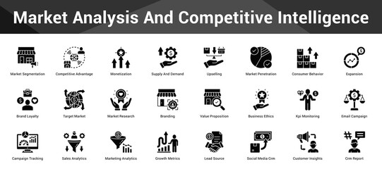 Market Analysis And Competitive Intelligence Cohesive set of minimalist vector icons representing key ideas with visual clarity