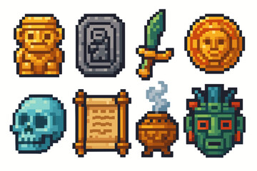 Pixel art: ancient artifacts collection with iconic symbols
