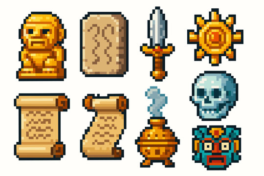 Collection of pixel art icons featuring statues, weapons, and ancient items