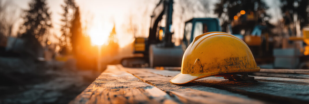 Yellow safety helmet on wooden board at construction site during sunset industrial workplace safety and building industry concept