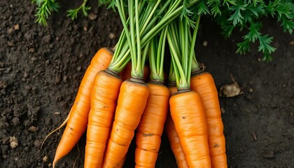 Fresh orange carrots with vibrant green tops, earthy soil visible, dirt, food