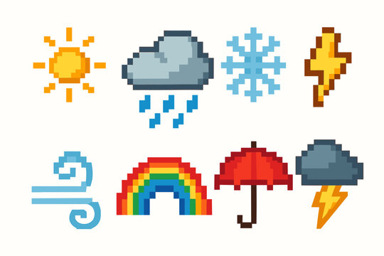 Colorful pixel art weather icons: sun, cloud, snowflake, lightning, wind, rainbow, umbrella