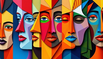 Abstract colorful faces, diverse expressions formed by geometric shapes and patterns,  background,  vibrant