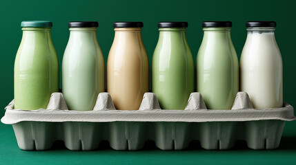 Assorted green and white beverage bottles in cardboard tray on green background dairy free drink packaging and branding concept