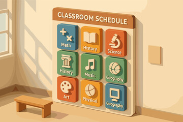 Classroom schedule with subjects displayed on wall in bright sunlit room