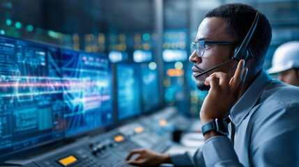 Faceless engineering person in control room monitoring live data from power lines, large digital screens showing energy flow, wearing headset, with copy space