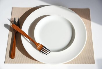 White plate on placemat with wooden fork, subtle shadow, clean background,  background,  woven