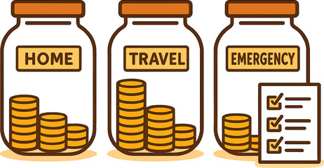 Savings jars with coins and checklist for home, travel, and emergency planning
