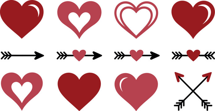 Valentine's day heart and arrow icons set