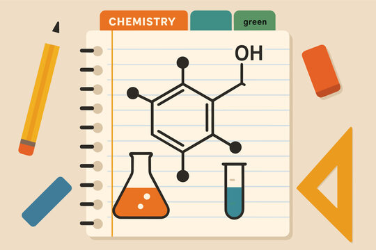 Chemistry notebook with benzene structure and laboratory tools