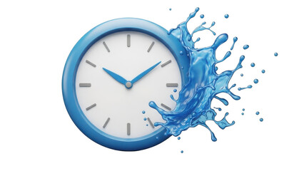 Blue Clock Face Dissolving into Blue Water Splashes isolated on a transparent background time