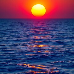 Sun setting over a vast blue ocean, casting warm orange and pink hues on the water's surface, ocean,  serene