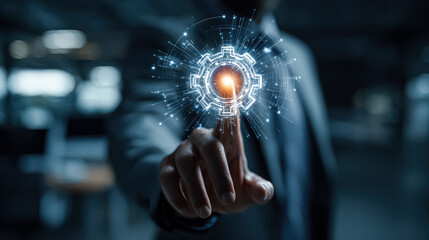 A businessman in a suit touches a holographic gear symbol, representing innovation and technology in a modern workspace.