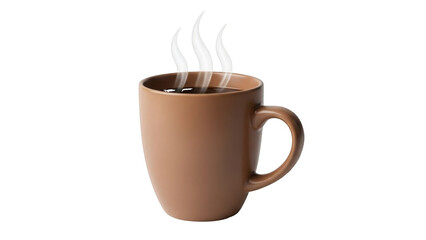 Brown ceramic mug filled with dark coffee emitting steam isolated on a transparent background