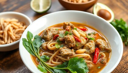 Spicy Khao Soi Yuan Naan noodles with pork, herbs, chili, lime, sesame, and peanuts Tai Yai cuisine,  tai yai food,  spicy