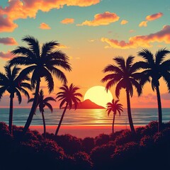 Stylized palm trees frame a retro sunset on a tropical island, evoking a nostalgic, vibrant atmosphere,  exotic landscape,  nostalgia