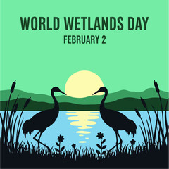 Fototapeta premium World Wetlands Day February 2nd Poster: Silhouette of Cranes in a Marshland Sunset