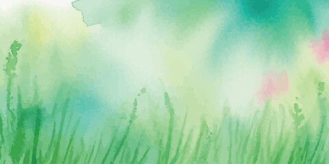 Fototapeta premium Watercolor nature background green grass field soft spring texture